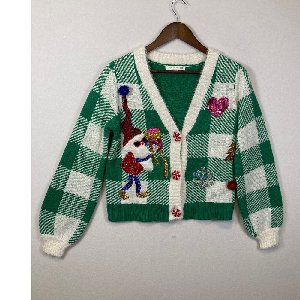 Celebrate Together Gnome‎ Fair Isle Ugly Christmas Cardigan Sweater XS Plaid